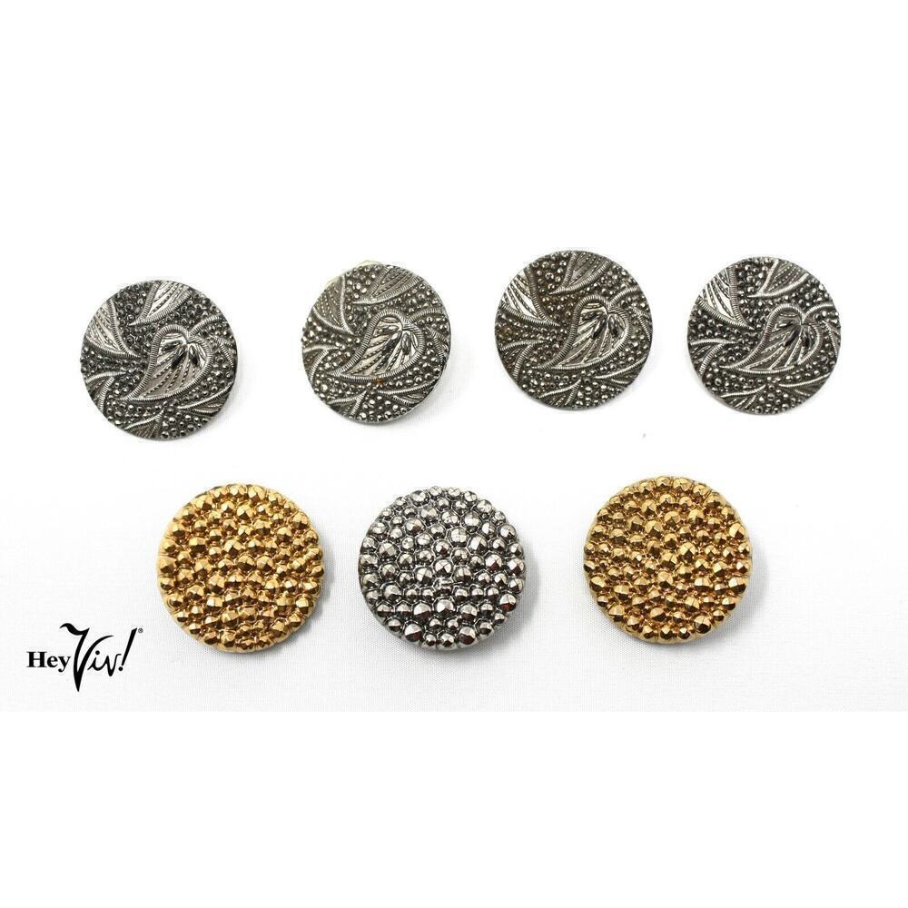 Lot of 7 Vintage Stamped Metal on Black Glass Buttons w Leaf Dot Motif - Hey Viv
